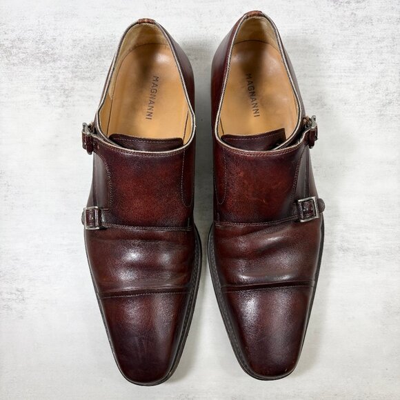 Magnanni Double Monk Strap Cap Toe Leather Shoes - Men\'s Size 8.5 - Brown